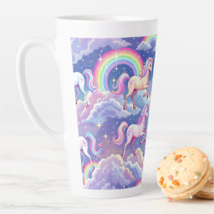 Caneca De Café Latte Arco-íris cintilante e unicórnios nas nuvens
