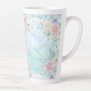 Caneca De Café Latte arco-íris floral pastel aquarela fundo azul verde
