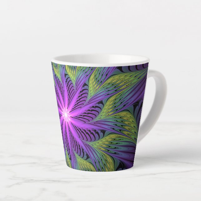 Caneca De Café Latte Arte abstrata fractal moderna flor roxa verde (Ângulo direito)