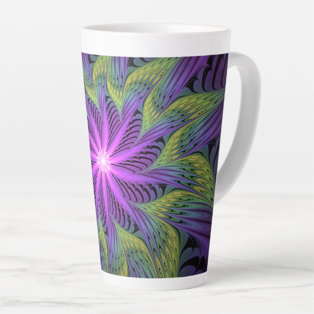 Caneca De Café Latte Arte abstrata fractal moderna flor roxa verde (Ângulo direito)