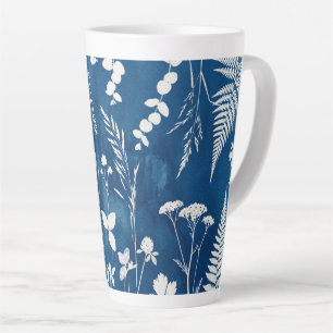 Caneca De Café Latte Arte Botânica de Samambaia em Azul Cianotipo Pruss