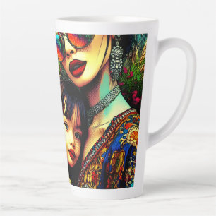 Caneca De Café Latte Arte Colorido Mãe e Filha Jardim de Flores Asiátic