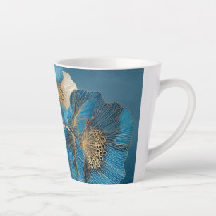 Caneca De Café Latte Arte de Linha Dourada Floral Botânica Papoula Azul