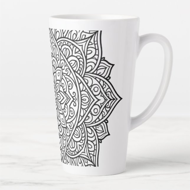 Caneca De Café Latte Arte de Mandala com Linhas Pretas Intrincadas (Direita)