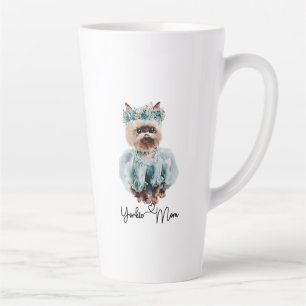 Caneca De Café Latte Arte de Yorkie Mãe Yorkie Fofa com Vestido Azul