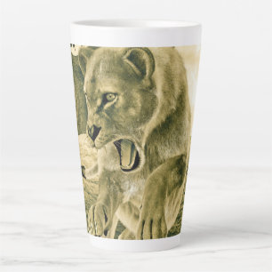 Caneca De Café Latte Arte Dramática de Leoa em Safari de Vida Selvagem