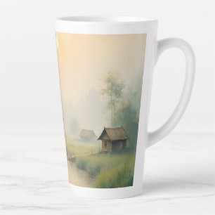 Caneca De Café Latte Arte em Aquarela da Aldeia da Névoa Matinal Vietna