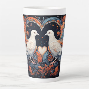 Caneca De Café Latte Arte em Mosaico de Pombas com Desenhos de Coração