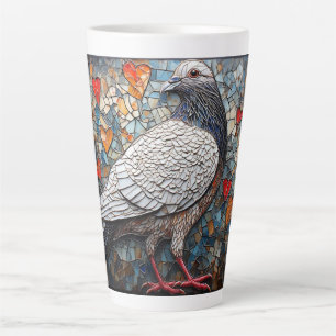 Caneca De Café Latte Arte em Mosaico de uma Pomba com Desenhos de Coraç
