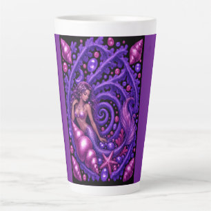 Caneca De Café Latte Arte Fantasia de Sereia Roxa Mística   Oceano Mági