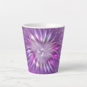 Caneca De Café Latte Arte fractal abstrata da paixão da flor roxa rosa