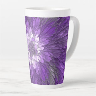 Caneca De Café Latte Arte fractal abstrata de flor roxa psicodélica