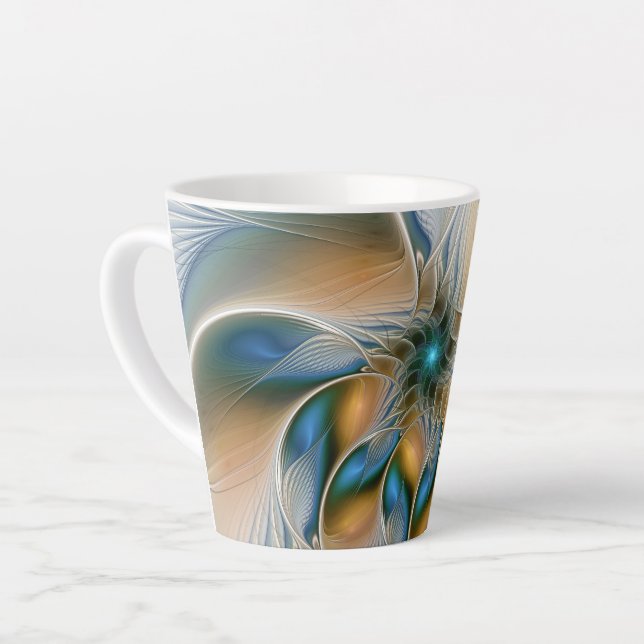 Caneca De Café Latte Arte Fractal, Abstrato Fantasia, Com Azul (Ângulo esquerdo)