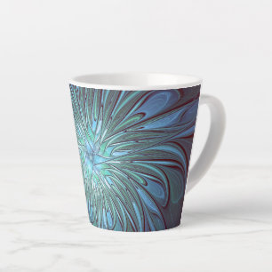 Caneca De Café Latte Arte Fractal de Flor Azul Moderno, Abstrato Trendy