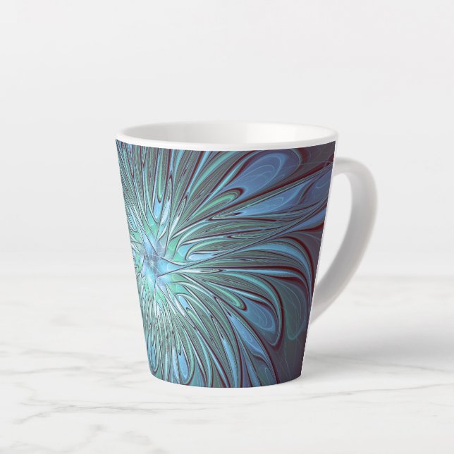 Caneca De Café Latte Arte Fractal de Flor Azul Moderno, Abstrato Trendy (Ângulo direito)