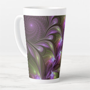 Caneca De Café Latte Arte Fractal de Khaki, Abstrato violeta e colorida