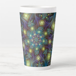 Caneca De Café Latte Arte Fractal Roxa Roxa Abstrato brilhante iluminad