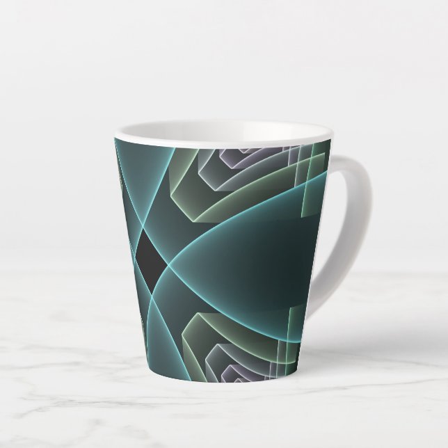 Caneca De Café Latte Arte Gráfica Geométrica Fractal Azul Moderno (Ângulo direito)