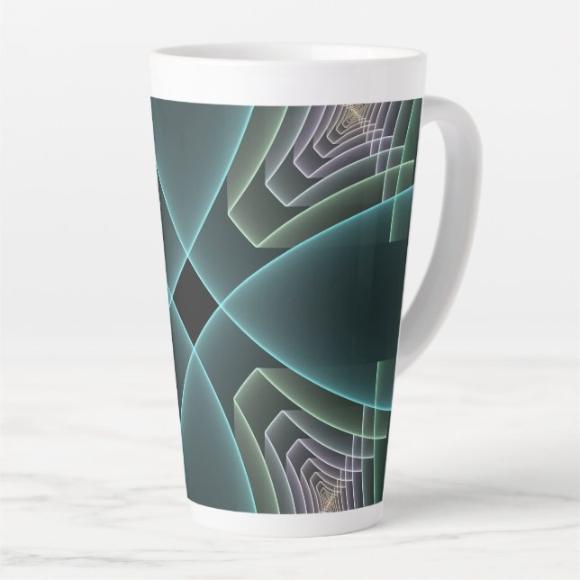 Caneca De Café Latte Arte Gráfica Geométrica Fractal Azul Moderno (Ângulo direito)