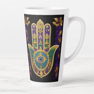 Caneca De Café Latte Arte Hamsas Dourado Roxo Verde do Mardi Gras