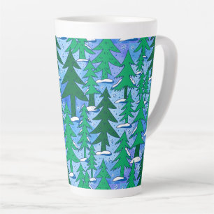 Caneca De Café Latte Arte Ingênuo Floresta de Abetos Inverno Verde Azul