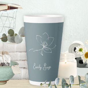 Caneca De Café Latte Arte Linear Floral Minimalista Zen Marfim Azul Cos