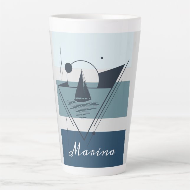 Caneca De Café Latte Arte Moderna Geométrica Sailboat Personalizada (Frente)