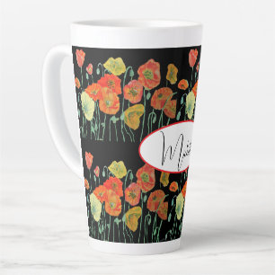 Caneca De Café Latte Arte Padrão de Flor Laranja Vermelho Pópia Aquarel