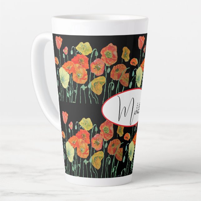 Caneca De Café Latte Arte Padrão de Flor Laranja Vermelho Pópia Aquarel (Ângulo esquerdo)