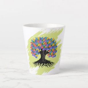 Caneca De Café Latte Árvore Colorida da Vida em Aquarela