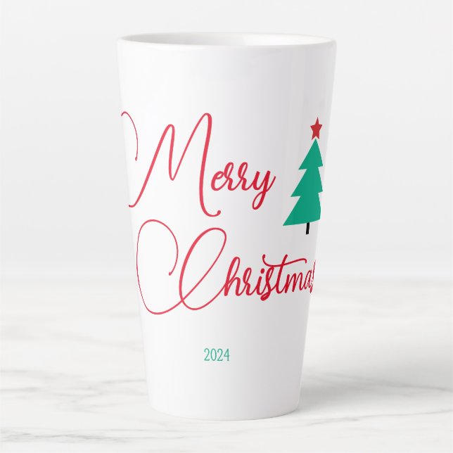 Caneca De Café Latte Árvore de Natal Alegre e Caligrafia  (Frente)