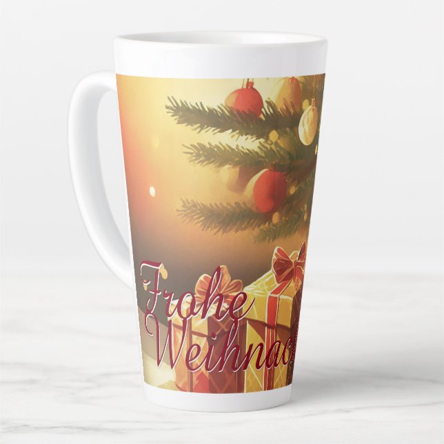 Caneca De Café Latte Árvore de Natal com presentes dourados (Ângulo esquerdo)