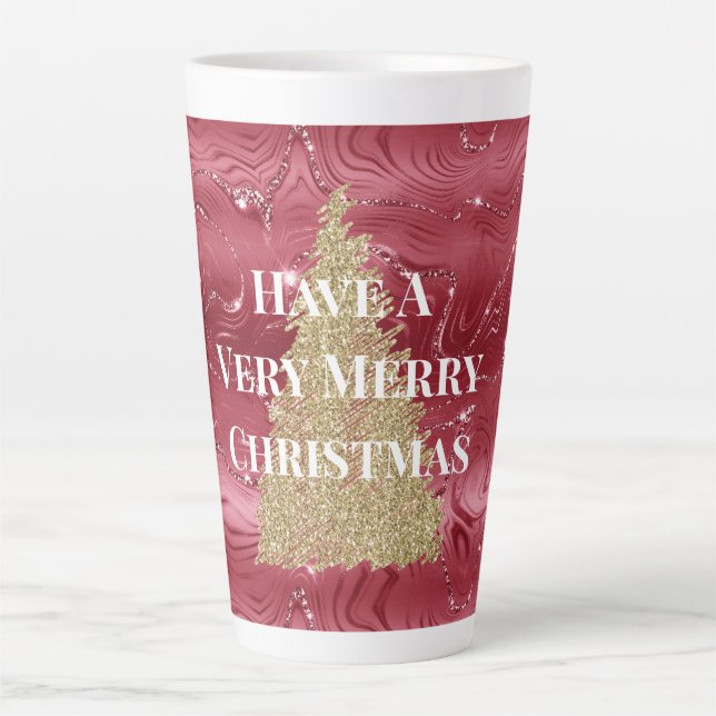 Caneca De Café Latte Árvore de Natal Dourada da Marble Vermelha (Frente)