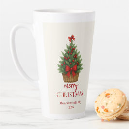 Caneca De Café Latte Árvore de Natal Elegante – Fita Vermelha