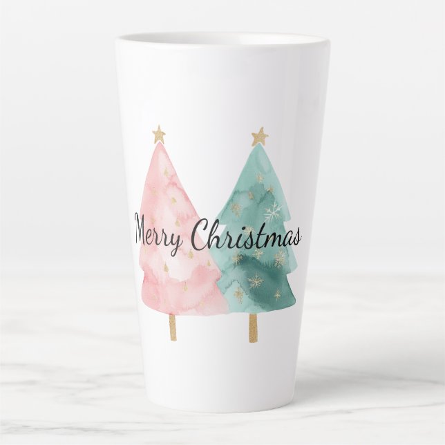 Caneca De Café Latte Árvores de Natal Verdes Rosa (Frente)