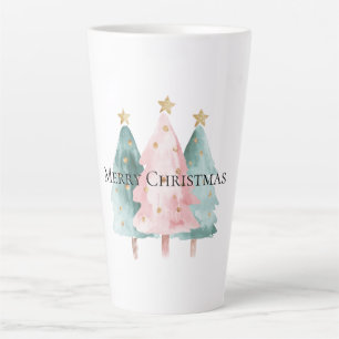 Caneca De Café Latte Árvores de Natal Verdes Rosa, Douradas Estrelas