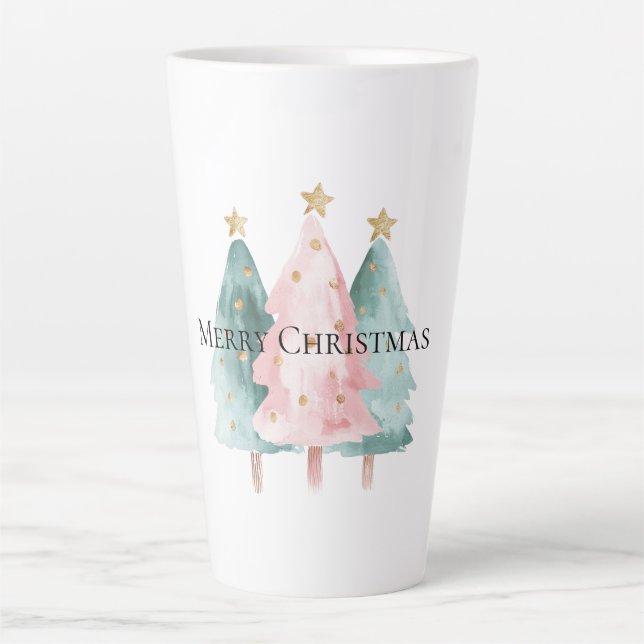 Caneca De Café Latte Árvores de Natal Verdes Rosa, Douradas Estrelas (Frente)