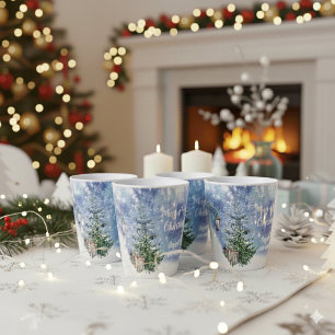 Caneca De Café Latte Árvores Nevadas Lanterna Natal Aquarela Azul
