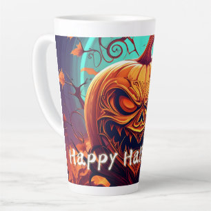 Caneca De Café Latte Assustador Olhando Pumpkin Laranja com Rosto, Hall