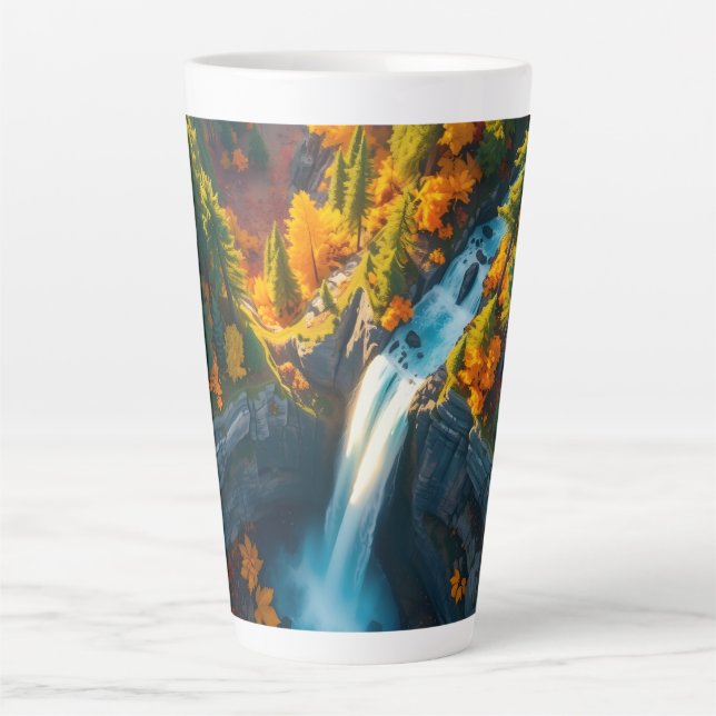 Caneca De Café Latte Autumn Canyon Waterfall – Vibrant Fall Forest Land (Frente)