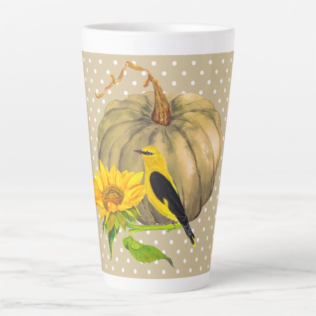 Caneca De Café Latte Autumn Pumpkin Sunflower e Finch (Frente)