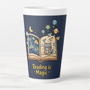 Caneca De Café Latte Aventura de Leitura Mágica - Design Kawaii de Livr