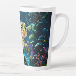 Caneca De Café Latte Aventuras submarinas com a tartaruga alegre.