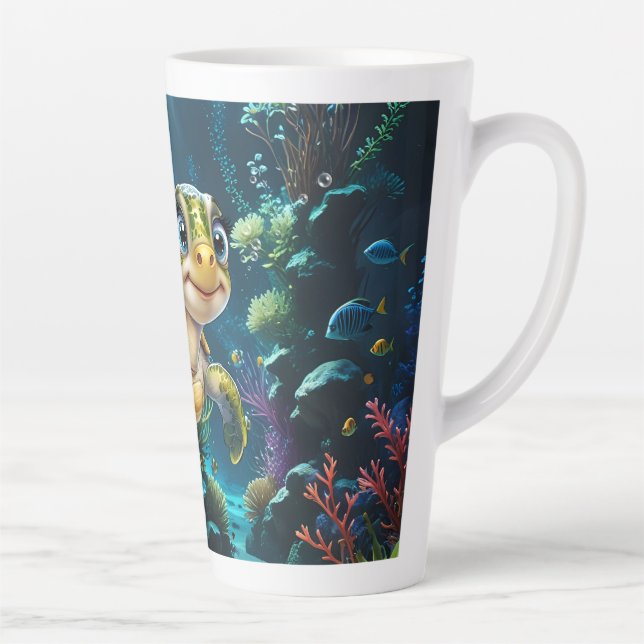 Caneca De Café Latte Aventuras submarinas com a tartaruga alegre. (Direita)