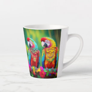 Caneca De Café Latte Aves De Mata Coloridas Na Ramificação-67859