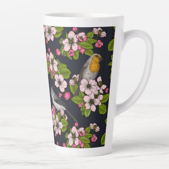 Caneca De Café Latte Aves e Blossomas em preto (Direita)