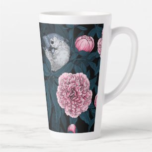 Caneca De Café Latte Aves e flores cor-de-rosa com folhas