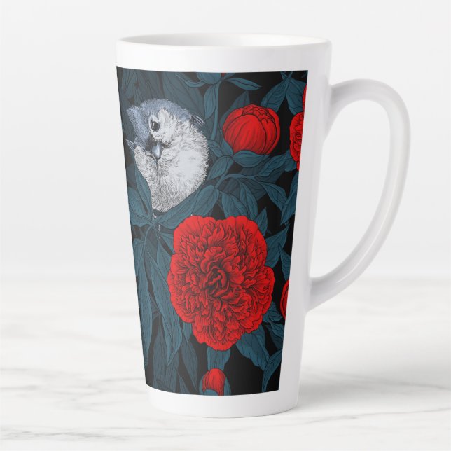 Caneca De Café Latte Aves e flores vermelhas de pénia com folhas azuis (Direita)