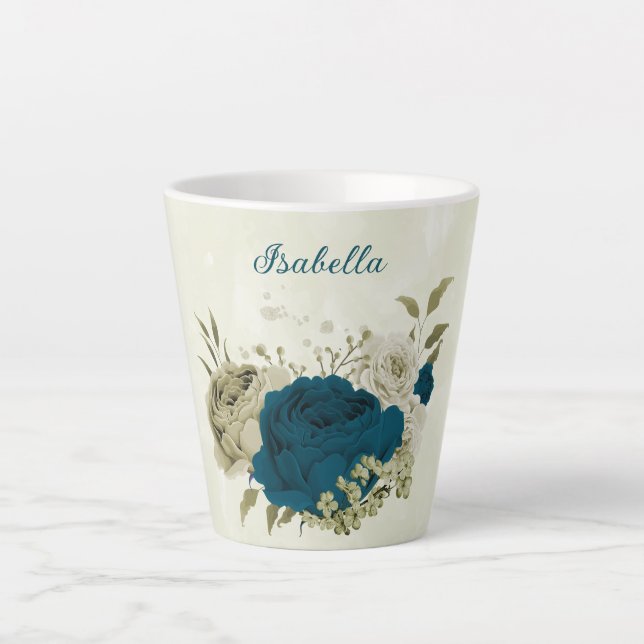 Caneca De Café Latte azul bege floral turquesa (Frente)