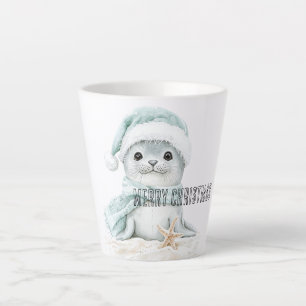 Caneca De Café Latte Azul-branco Santa Hat Scarf Seal Natal